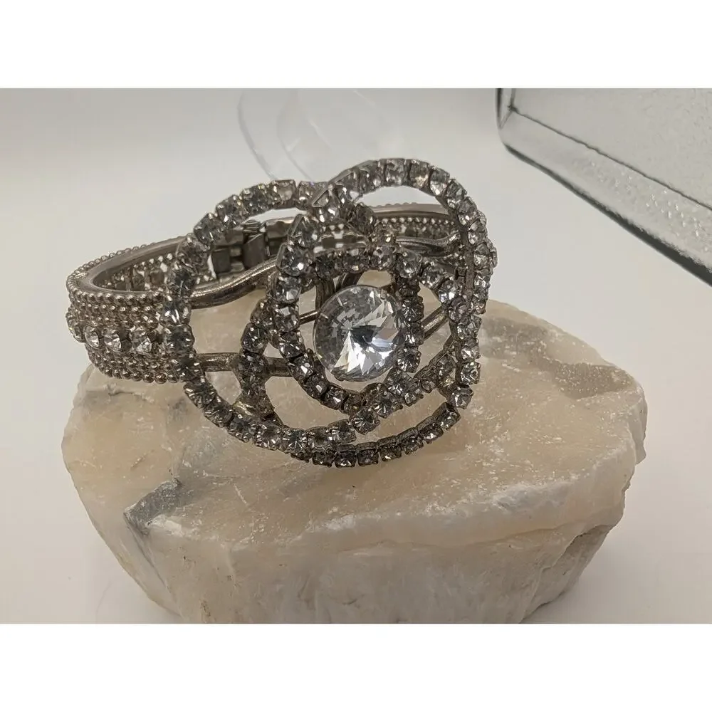 Ornate Silver Tone Crystal Rhinestone Bangle Bracelet Fashion Jewelry